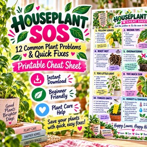 Peut inclure: Une fiche aide-mémoire Houseplant SOS présentant 12 problèmes courants de plantes et leurs solutions rapides. Le guide imprimable inclut des illustrations et du texte sur les feuilles jaunes, la pourriture des racines et les nuisibles.