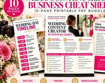 May include: A 10-page printable PDF bundle titled Wedding Content Creator Business Cheat Sheets. The set includes a Wedding-Day Timeline, a Business Blueprint with checklists, and a Client Questionnaire and Pre-Wedding Checklist for wedding professionals.