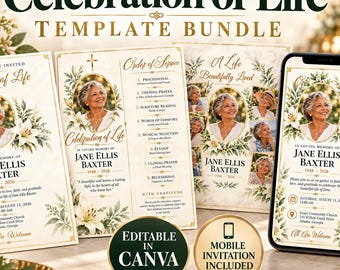 Celebration of Life 9 Template Bundle, Editable Canva Memorial Set with Mobile Invitation. Funeral Invitation