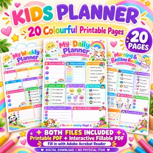 Kids Planner Bundle: 20 Printable Pages + Interactive Fillable PDF, Daily Routines, Chores and Feelings