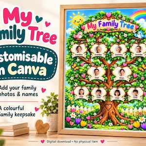 May include: A framed digital family tree template featuring a large green tree with heart-shaped photo frames, colorful flowers, a sun, and a rainbow. The text reads My Family Tree, Customisable in Canva, Add your family photos & names, A colourful family keepsake, and Digital download - No physical item.