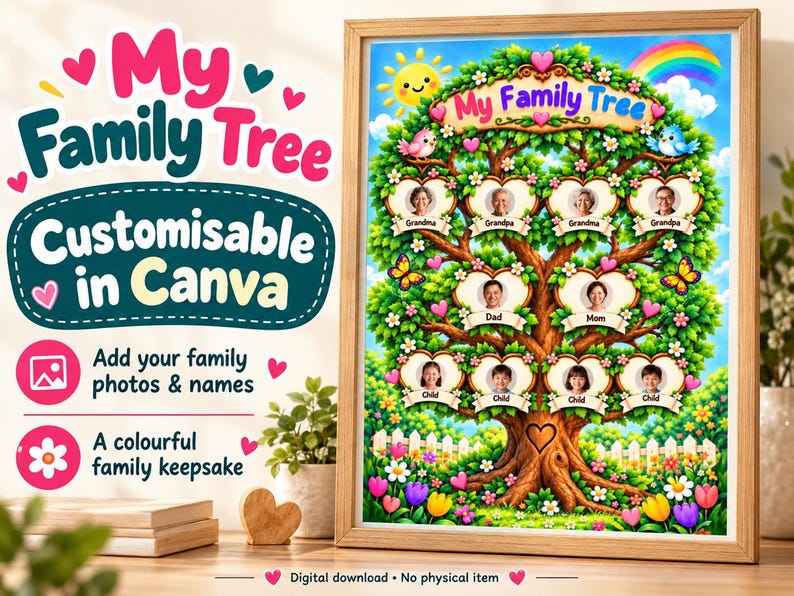 May include: A framed digital family tree template featuring a large green tree with heart-shaped photo frames, colorful flowers, a sun, and a rainbow. The text reads My Family Tree, Customisable in Canva, Add your family photos & names, A colourful family keepsake, and Digital download - No physical item.