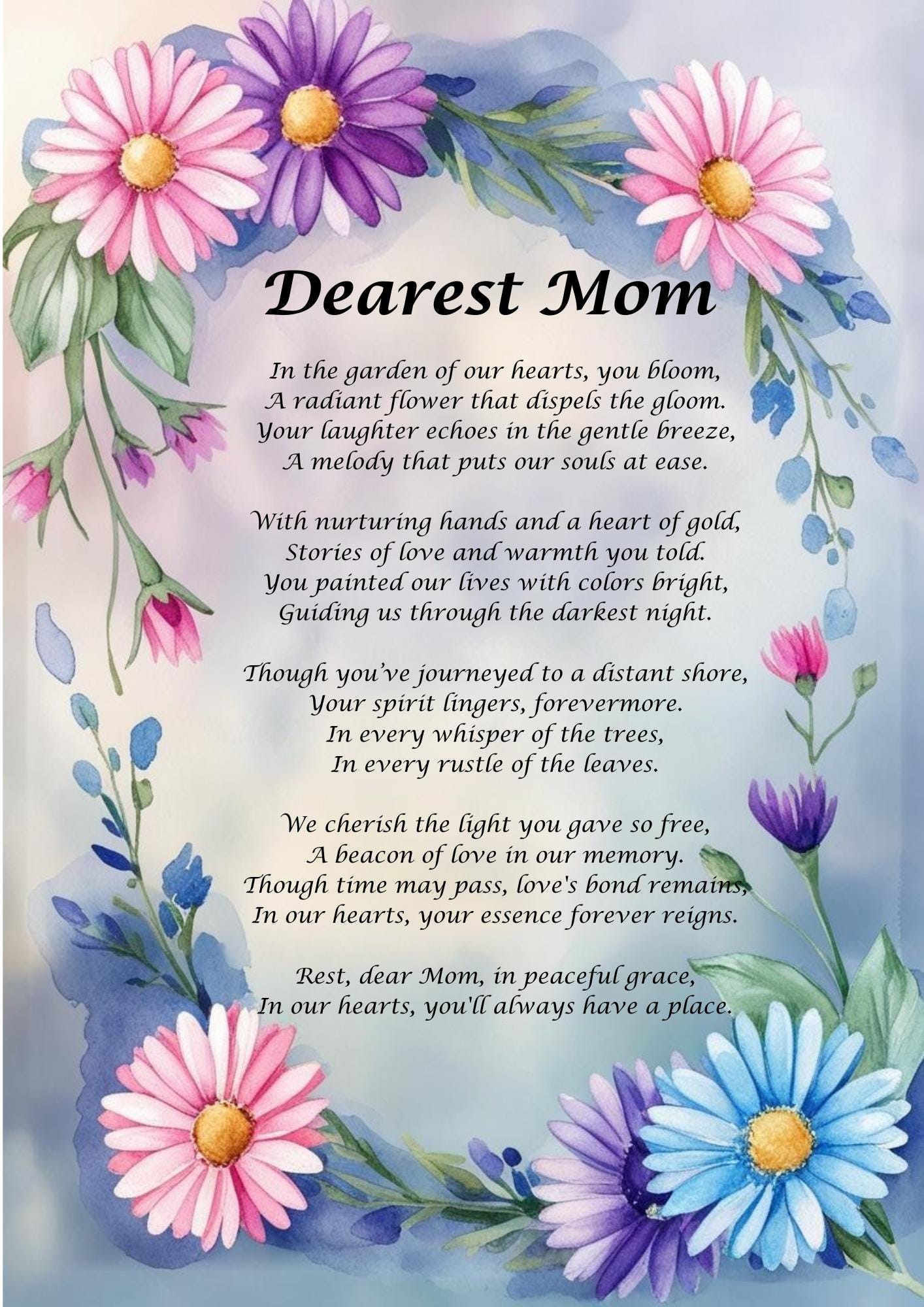 Poesia commemorativa per la mamma - Regalo di condoglianze, Perdita della madre, Poesia commemorativa, Ricordo funebre, Download digitale, Poesia per il lutto, Dolore e perdita