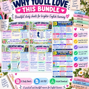 Op de afbeelding: Een digitale bundel van zes educatieve studiebladen voor het leren van Engels, met spiekbriefjes voor literaire middelen, poëzieanalyse, Engelse grammatica, creatief schrijven, taalanalyse en essay schrijven met kleurrijke tekst en iconen.