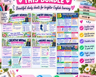 English Study Bundle | 6 PDF Cheat Sheets (Grammar, Essay, Poetry, Creative Writing)