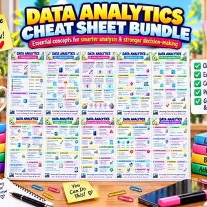 May include: A data analytics cheat sheet bundle featuring ten educational reference cards with topics like SQL, Python, and statistics. The cards are arranged in two rows, displaying colorful text, icons, and charts for learning data analysis concepts.