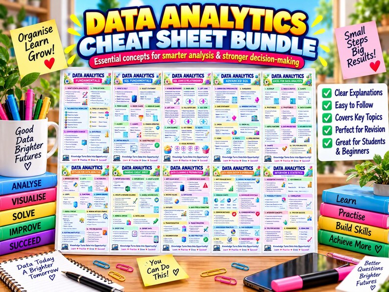 May include: A data analytics cheat sheet bundle featuring ten educational reference cards with topics like SQL, Python, and statistics. The cards are arranged in two rows, displaying colorful text, icons, and charts for learning data analysis concepts.
