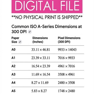 Może przedstawiać: Tabela informacyjna dotycząca plik&oacute;w cyfrowych z r&oacute;żowym nagł&oacute;wkiem o treści THIS PURCHASE IS FOR A DIGITAL FILE. Zawiera wymiary ISO serii A przy 300 DPI, obejmujące formaty papieru od A0 do A6 wraz z wymiarami w calach i pikselach.
