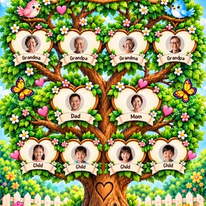 May include: A colorful family tree wall art print featuring the text My Family Tree at the top. The tree has green leaves, pink hearts, flowers, butterflies, and birds. It includes ten heart-shaped photo frames labeled Grandma, Grandpa, Dad, Mom, and Child.