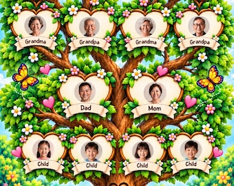 May include: A colorful family tree wall art print featuring the text My Family Tree at the top. The tree has green leaves, pink hearts, flowers, butterflies, and birds. It includes ten heart-shaped photo frames labeled Grandma, Grandpa, Dad, Mom, and Child.