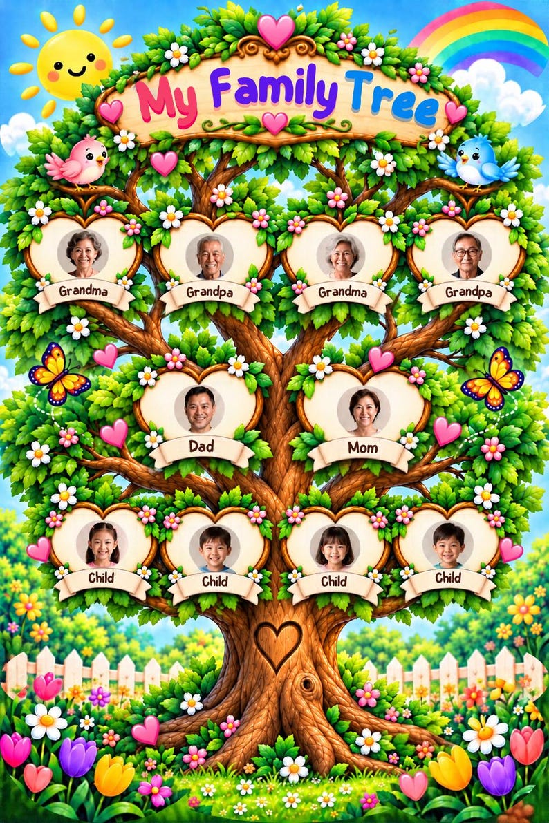 May include: A colorful family tree wall art print featuring the text My Family Tree at the top. The tree has green leaves, pink hearts, flowers, butterflies, and birds. It includes ten heart-shaped photo frames labeled Grandma, Grandpa, Dad, Mom, and Child.