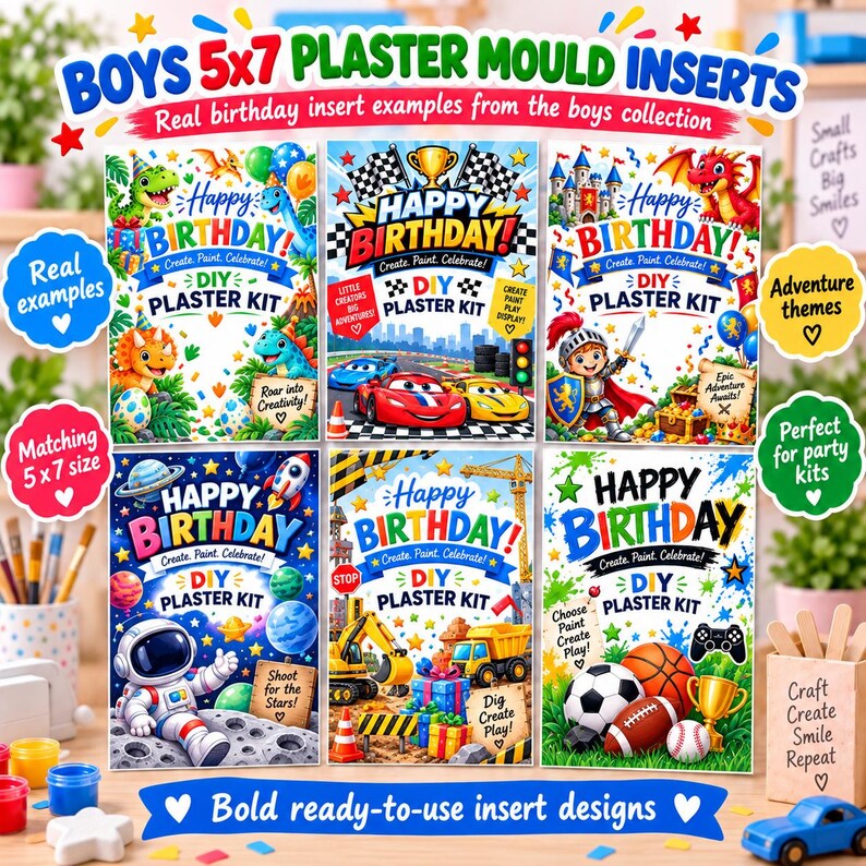 5"x7" Plaster Mould Packaging Inserts, Printable Kids Paint Kit Cards, Birthday Party Craft Inserts, Colourful Gift Bag Backing Cards zdjęcie 2