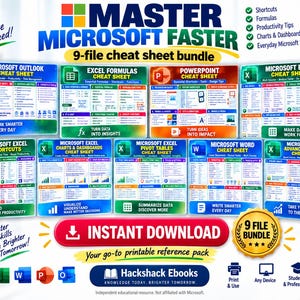 May include: A 9-file cheat sheet bundle titled Master Microsoft Faster, featuring colourful reference guides for Outlook, Excel formulas, PowerPoint, Excel shortcuts, charts, pivot tables, Word, and advanced formulas with icons and text.