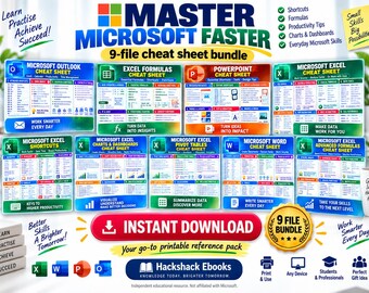 Microsoft Cheat Sheet Bundle, Excel, Word, PowerPoint, Outlook (9-File PDF)