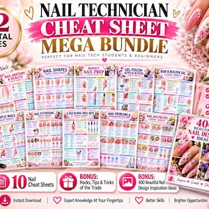 May include: A digital bundle of 12 nail technician cheat sheets featuring instructional text, diagrams, and nail design inspiration. The collection includes guides on nail anatomy, shapes, prep, gel polish, builder gel, acrylics, extensions, and drill bits.