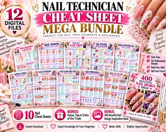Nail Technician Cheat Sheet Bundle | 10 Study Guides + 400 Design Ideas (Digital Files)
