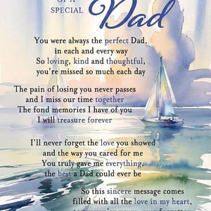 May include: A watercolor-style memorial card with the text "In loving memory of a special Dad." The image features a sailboat on water, with a soft blue and white color palette. The card includes a heartfelt message about love and remembrance.