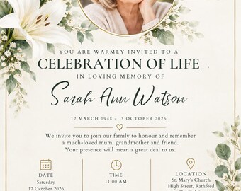 Celebration of Life Invitation Template, Editable Canva Memorial Invite, Printable Funeral Invitation and Mobile Digital Invitation