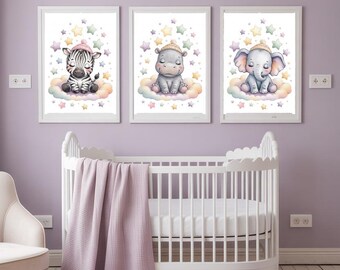 Dreamy Safari Nursery Art: Hippo, Zebra, Elephant on Clouds (Set of 3)