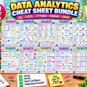May include: A digital bundle of 10 data analytics cheat sheets featuring SQL, Excel, Python, and Pandas topics. The sheets are displayed in a grid with colorful headers, icons, and text. Includes a mug with text, a notepad, and sticky notes.