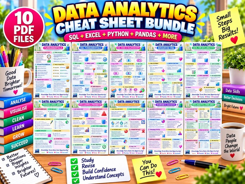 May include: A digital bundle of 10 data analytics cheat sheets featuring SQL, Excel, Python, and Pandas topics. The sheets are displayed in a grid with colorful headers, icons, and text. Includes a mug with text, a notepad, and sticky notes.