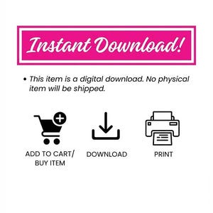 Może przedstawiać: Grafika do pobrania cyfrowego z r&oacute;żowym prostokątnym banerem z białym napisem Instant Download! oraz tekstem This item is a digital download. No physical item will be shipped. Ikony dodawania do koszyka, pobierania i drukowania.