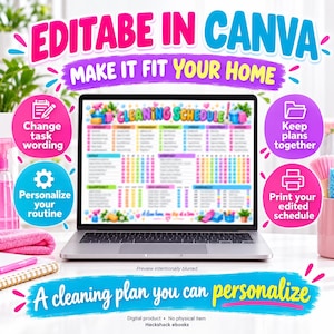 Editable Cleaning Schedule Canva Template, PDF Editable with Adobe Reader. A4 Printable Weekly Chore Chart and Home Cleaning Planner