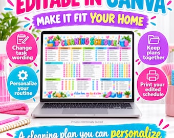 Editable Cleaning Schedule Canva Template, PDF Editable with Adobe Reader. A4 Printable Weekly Chore Chart and Home Cleaning Planner