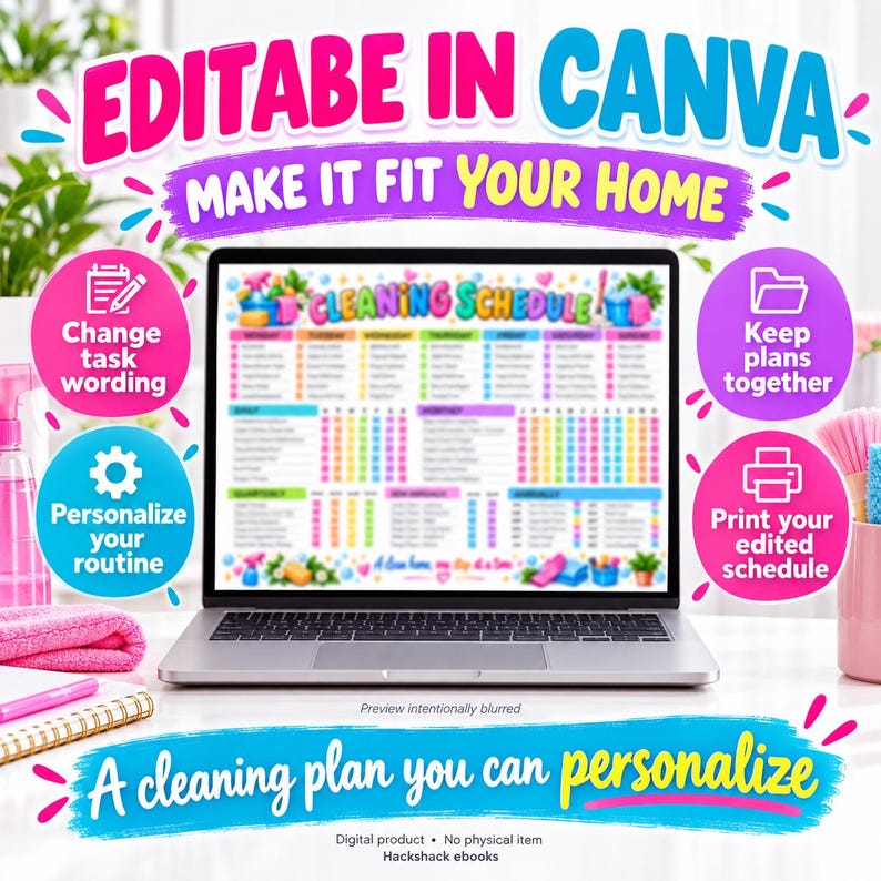 K&ouml;nnte beinhalten: Ein Laptop-Bildschirm zeigt eine farbenfrohe Reinigungsplan-Vorlage mit dem Text 'CLEANING SCHEDULE'. Der umgebende Text enth&auml;lt 'EDITABLE IN CANVA', 'MAKE IT FIT YOUR HOME' und 'A cleaning plan you can personalize' mit Symbolen.