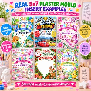 5"x7" Plaster Mould Packaging Inserts, Printable Kids Paint Kit Cards, Birthday Party Craft Inserts, Colourful Gift Bag Backing Cards