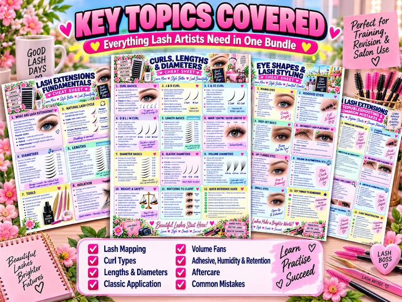 May include: A collection of educational cheat sheets for lash artists, featuring detailed guides on lash extension fundamentals, curls, diameters, eye shapes, and styling. The documents include text, diagrams, and illustrations of eyes and tools.