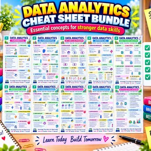 May include: A Data Analytics Cheat Sheet Bundle featuring ten educational reference cards with colorful charts, text, and diagrams. The set includes a white mug with pens, a stack of colorful books, and yellow sticky notes with motivational text.