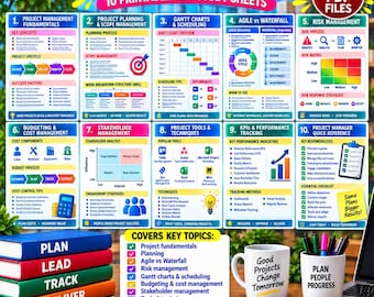 10-File Project Management Cheat Sheet Bundle | Agile, Risk, Gantt (PDF Study Guides)