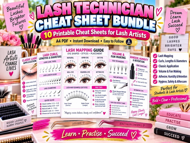 May include: A Lash Technician Cheat Sheet Bundle featuring 10 printable A4 PDF guides for lash artists. The collection includes detailed charts on lash mapping, curls, lengths, diameters, volume fan techniques, and adhesive retention tips.