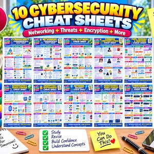 May include: A collection of 10 cybersecurity cheat sheets featuring topics like networking, threats, and encryption. The sheets are displayed alongside a mug with the text Good Security Brighter Futures, a notebook, and sticky notes with motivational text.
