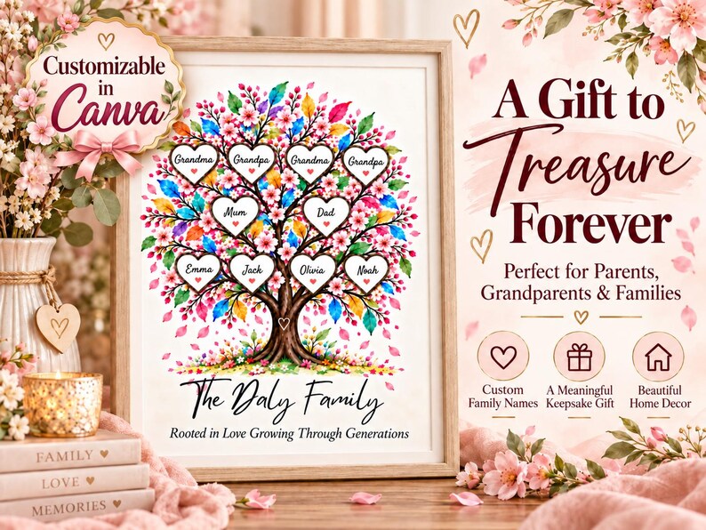 May include: A framed print featuring a colorful tree illustration with heart-shaped frames for names. Text includes "The Daly Family," "Rooted in Love Growing Through Generations," "Customizable in Canva," and "A Gift to Treasure Forever."