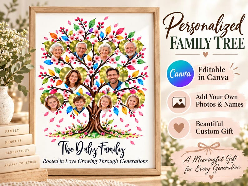 May include: A framed personalized family tree print featuring a watercolor tree with colorful leaves and heart-shaped photo frames. The text reads The Daly Family Rooted in Love Growing Through Generations, with additional text about Canva editing.