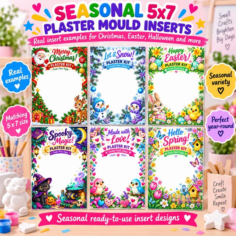 5"x7" Plaster Mould Packaging Inserts, Printable Kids Paint Kit Cards, Birthday Party Craft Inserts, Colourful Gift Bag Backing Cards zdjęcie 3