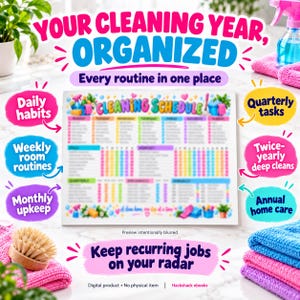 K&ouml;nnte beinhalten: Ein digitaler Reinigungsplaner mit dem Text Your Cleaning Year, Organized, Every routine in one place und Keep recurring jobs on your radar. Die &Uuml;bersicht enth&auml;lt Abschnitte f&uuml;r t&auml;gliche, w&ouml;chentliche, monatliche, viertelj&auml;hrliche und j&auml;hrliche Aufgaben.