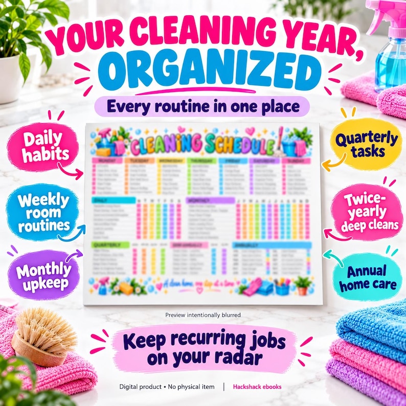 K&ouml;nnte beinhalten: Ein digitaler Reinigungsplaner mit dem Text Your Cleaning Year, Organized, Every routine in one place und Keep recurring jobs on your radar. Die &Uuml;bersicht enth&auml;lt Abschnitte f&uuml;r t&auml;gliche, w&ouml;chentliche, monatliche, viertelj&auml;hrliche und j&auml;hrliche Aufgaben.