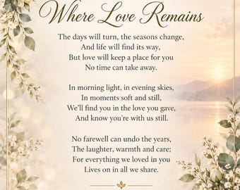 Memorial Poem Where Love Remains.  Loving Tribute, Cherished Memories, Never Forgotten