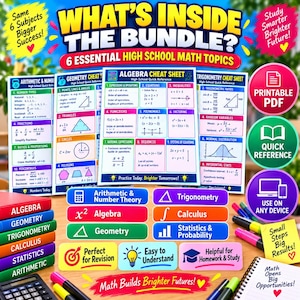 May include: A digital educational bundle featuring four high school math cheat sheets covering arithmetic, geometry, algebra, and trigonometry. The display includes colorful topic labels, study icons, and text such as What's Inside The Bundle and 6 Essential High School Math Topics.