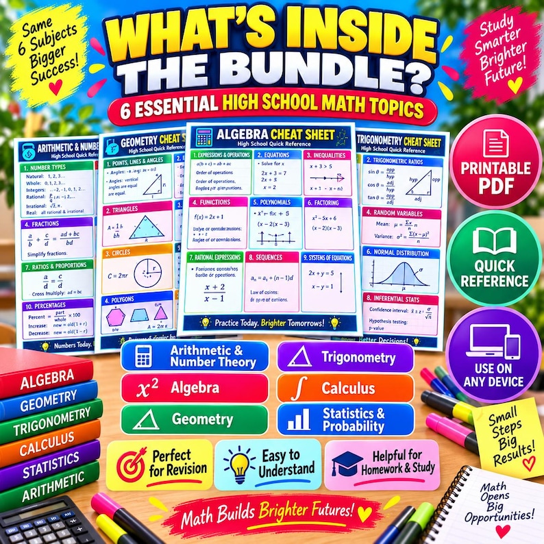 May include: A digital educational bundle featuring four high school math cheat sheets covering arithmetic, geometry, algebra, and trigonometry. The display includes colorful topic labels, study icons, and text such as What's Inside The Bundle and 6 Essential High School Math Topics.