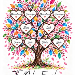 May include: A colorful family tree illustration featuring heart-shaped frames labeled Grandma, Grandpa, Mum, Dad, Emma, Jack, Olivia, and Noah. The text reads The Daly Family and Rooted in Love Growing Through Generations.