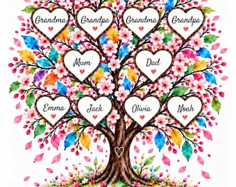 May include: A colorful family tree illustration featuring heart-shaped frames labeled Grandma, Grandpa, Mum, Dad, Emma, Jack, Olivia, and Noah. The text reads The Daly Family and Rooted in Love Growing Through Generations.