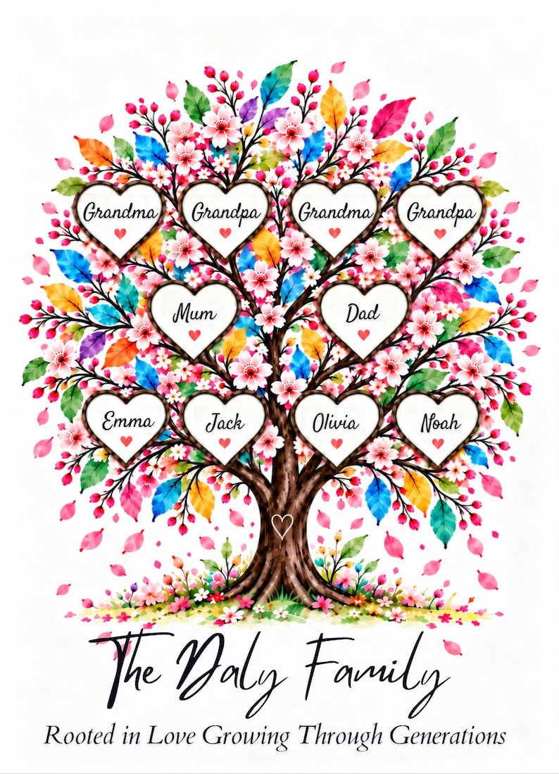 May include: A colorful family tree illustration featuring heart-shaped frames labeled Grandma, Grandpa, Mum, Dad, Emma, Jack, Olivia, and Noah. The text reads The Daly Family and Rooted in Love Growing Through Generations.