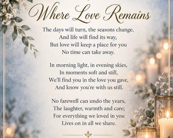 Memorial Poem Mother  Where Love Remains.  Loving Tribute, Cherished Memories, Never Forgotten