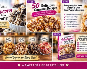 May include: A digital guide titled Gourmet Mushroom Popcorn The Complete Guide featuring 50 recipes, business tips, and packaging ideas. The image displays various popcorn flavors like cookies and cream, salted caramel, and strawberry cheesecake.