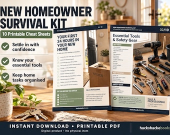New Homeowner Survival Kit.  10 Printable Cheat Sheets, Home Maintenance Checklists and Moving In Guide.   PDF