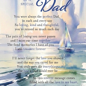 Könnte beinhalten: Gedenkkarte im Aquarellstil mit dem Text "In loving memory of a special Dad". Das Bild zeigt ein Segelboot auf dem Wasser, mit einer weichen blau-weißen Farbpalette. Die Karte enthält eine herzliche Botschaft über Liebe und Erinnerung.